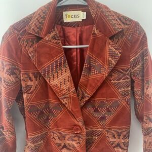 Vintage Focus Aztec Tribal  Velvet  Jacket Blazer Pockets Womens Size 7 Sm / Med